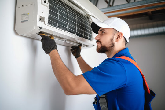 HVAC technician installing a mini split air conditioner in Diamond Bar
