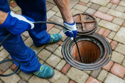 Plumber cleaning an outdoor sewer drain in Diamond Bar