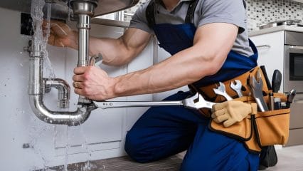 Plumber repairing pipes beneath a sink in Diamond Bar